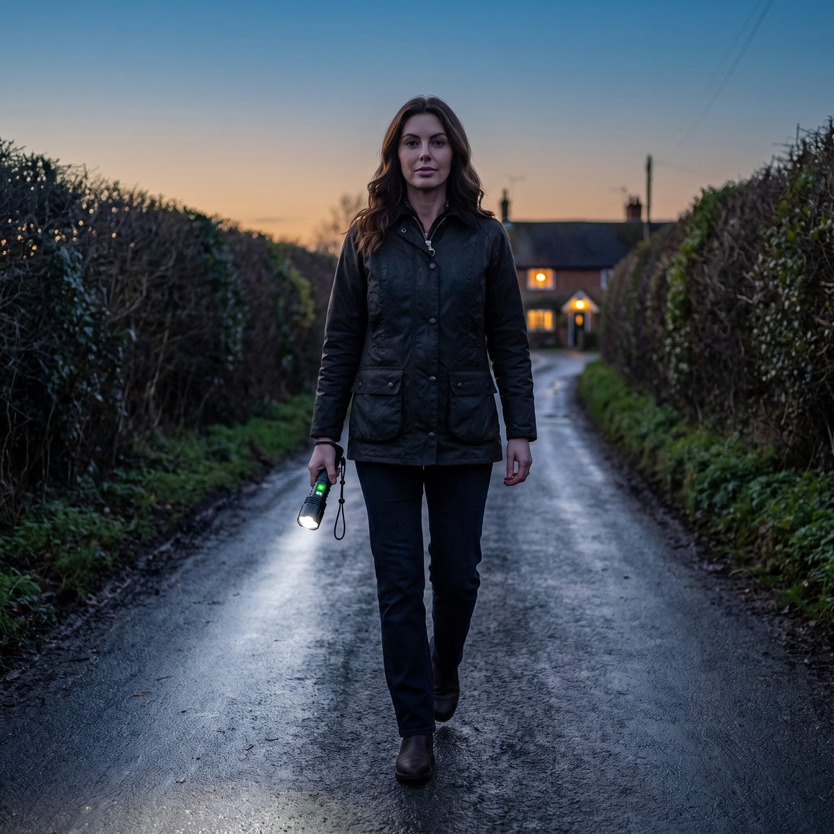 Woman walking an unlit country lane at dusk with the rechargeable torch