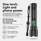 One torch for light and phone power: charges your phone and shows the charge left
