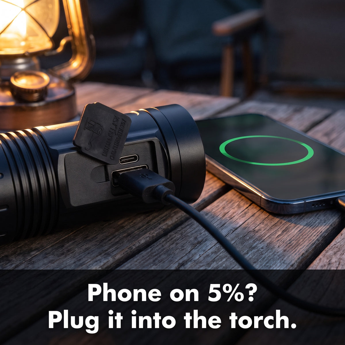 Phone charging from the torch's USB-A port on a camp table