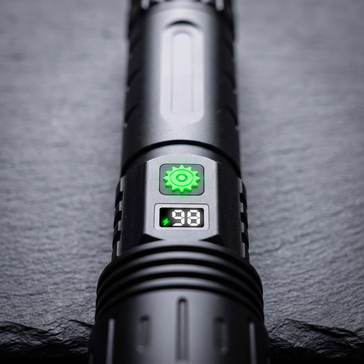 Power button and digital battery percentage display on the rechargeable torch