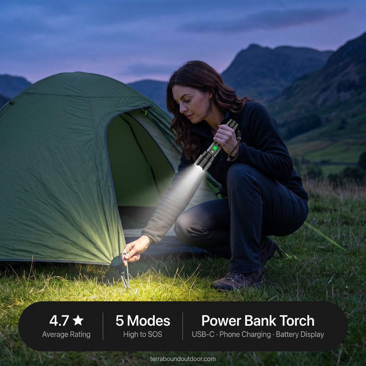 Pitching a tent at dusk by torchlight: 4.7 average rating, 5 modes, power bank torch