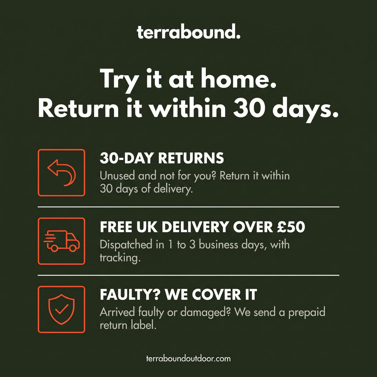 Terrabound 30-day returns, free UK delivery over £50 and prepaid labels for faulty items