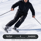 Skier in action wearing terrabound. ski trousers under a fully zipped ski jacket