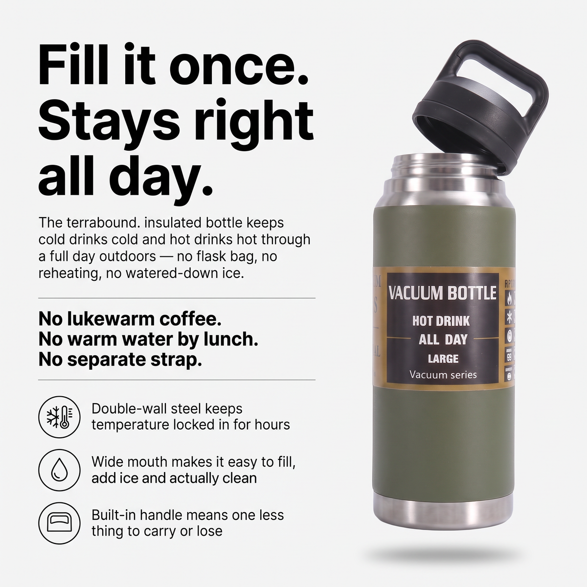 Terrabound insulated water bottle key features: double-wall insulation, wide mouth, built-in handle