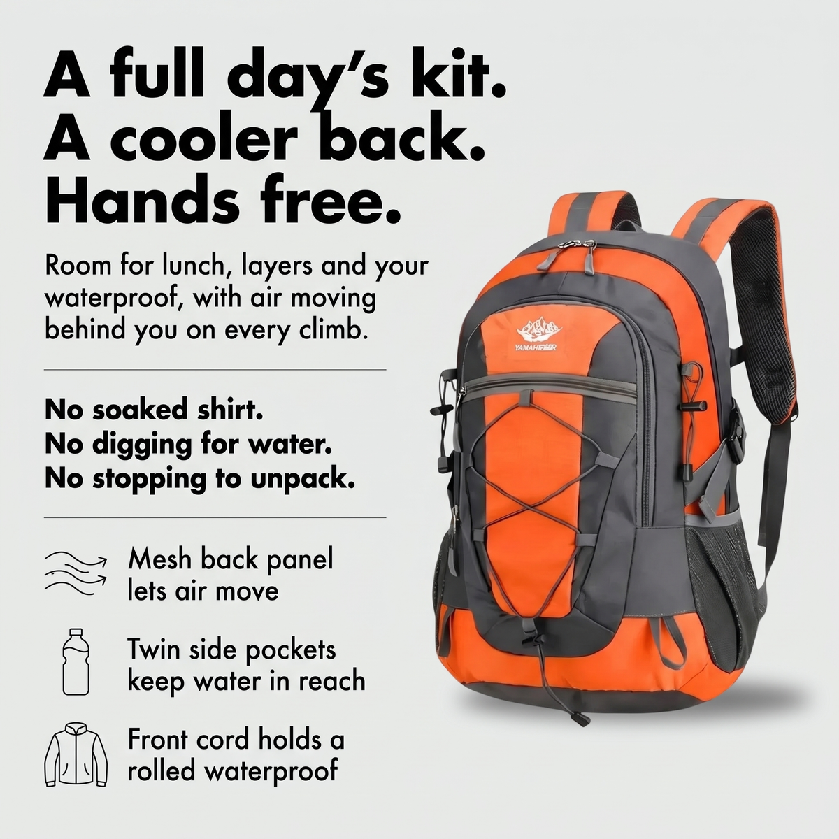 Terrabound 30L hiking rucksack infographic: mesh back panel, twin bottle pockets and front cord for a waterproof