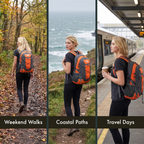 Woman wearing the Terrabound 30L hiking rucksack on a woodland walk, a coastal path and a railway platform
