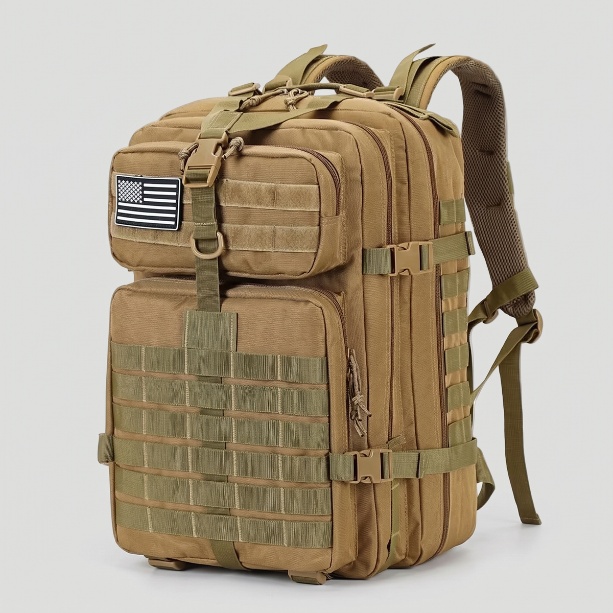 Terrabound 50L tactical backpack in beige, front three-quarter view