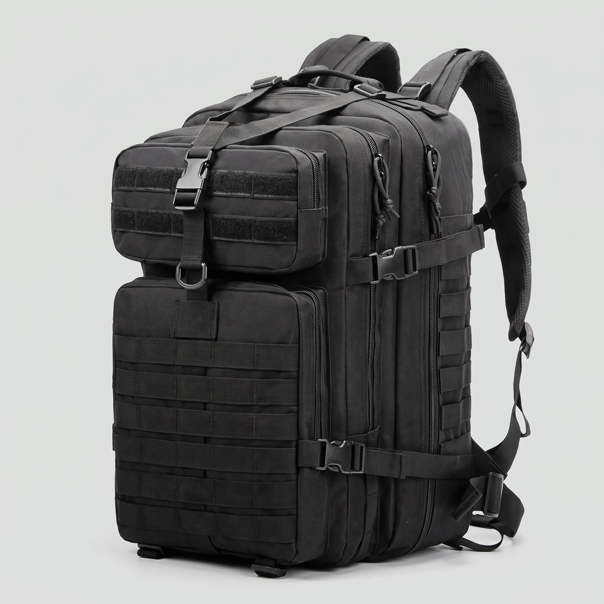 Terrabound 50L tactical backpack in black, front three-quarter view