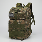 Terrabound 50L tactical backpack in woodland camo with MOLLE webbing, front three-quarter view