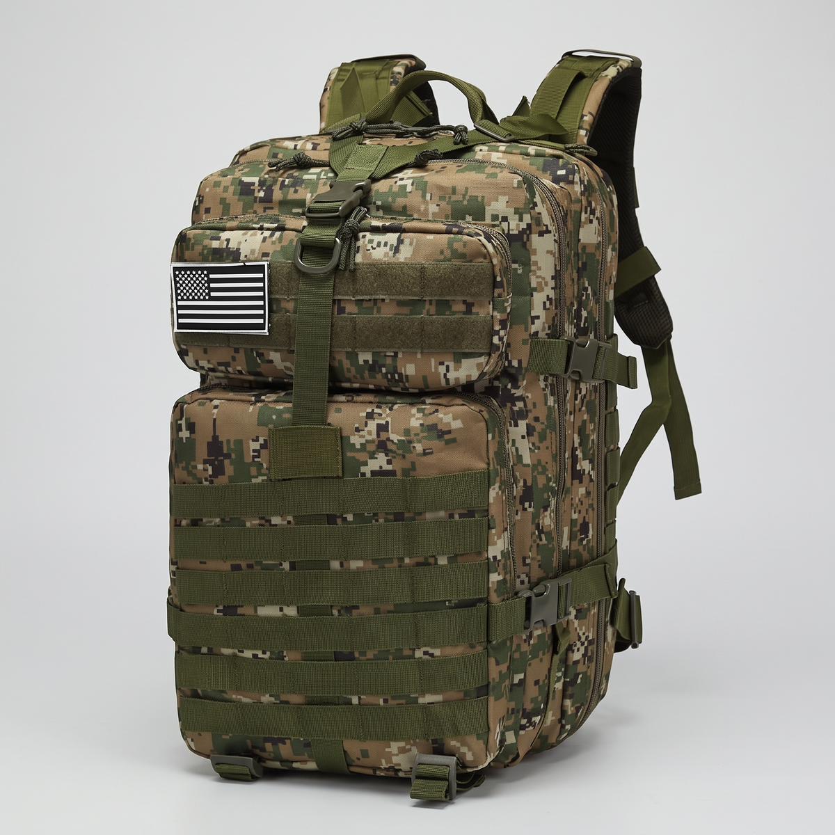 Terrabound 50L tactical backpack in woodland camo with MOLLE webbing, front three-quarter view