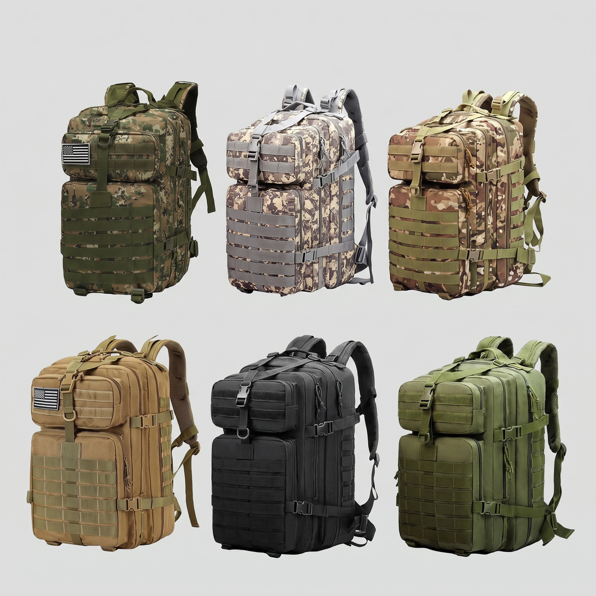 The 50L tactical backpack in all six colours side by side