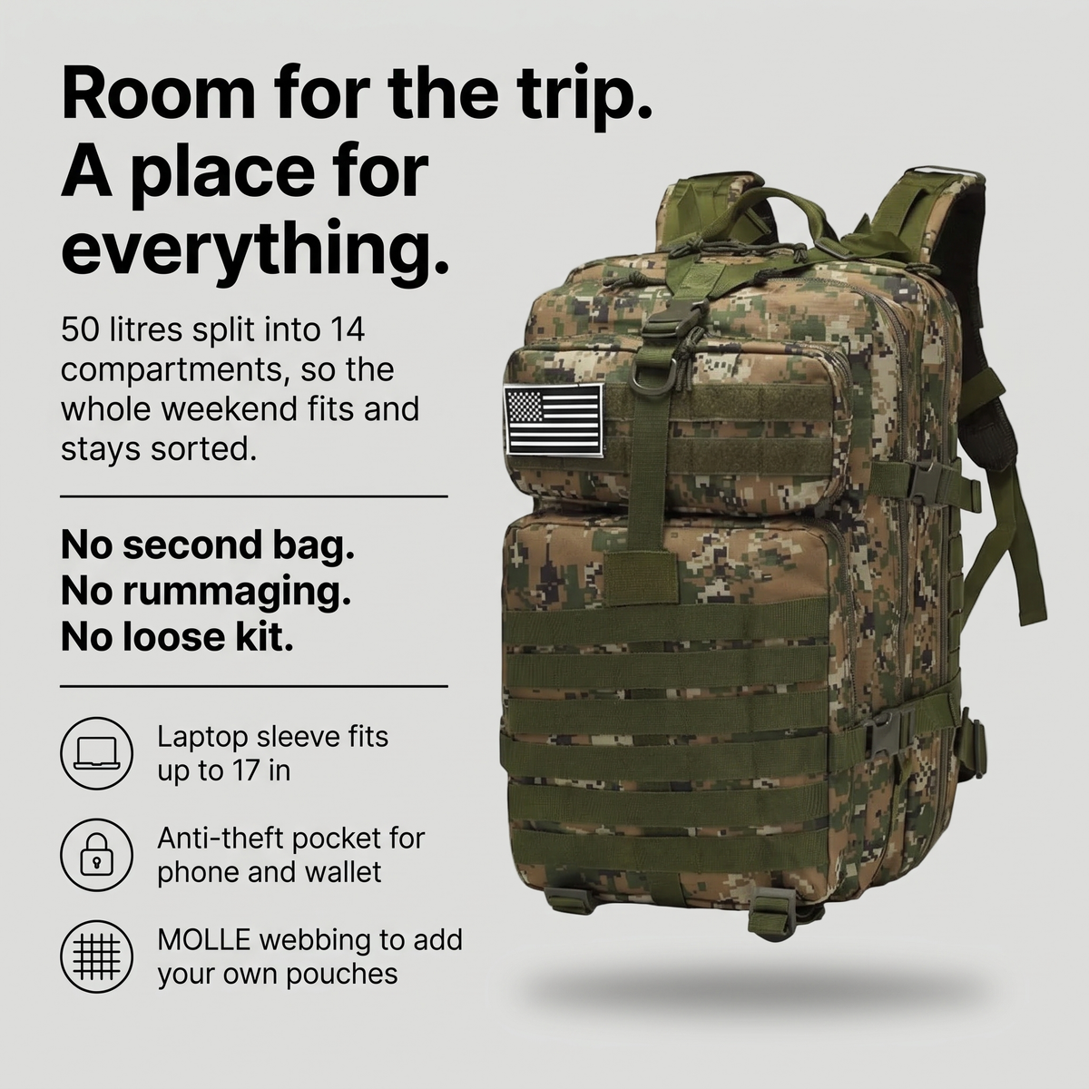 Infographic: 50 litres split into 14 compartments, 17 in laptop sleeve, anti-theft pocket, MOLLE webbing