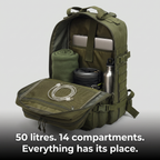 Main compartment of the 50L tactical backpack opened wide with kit packed in its own places