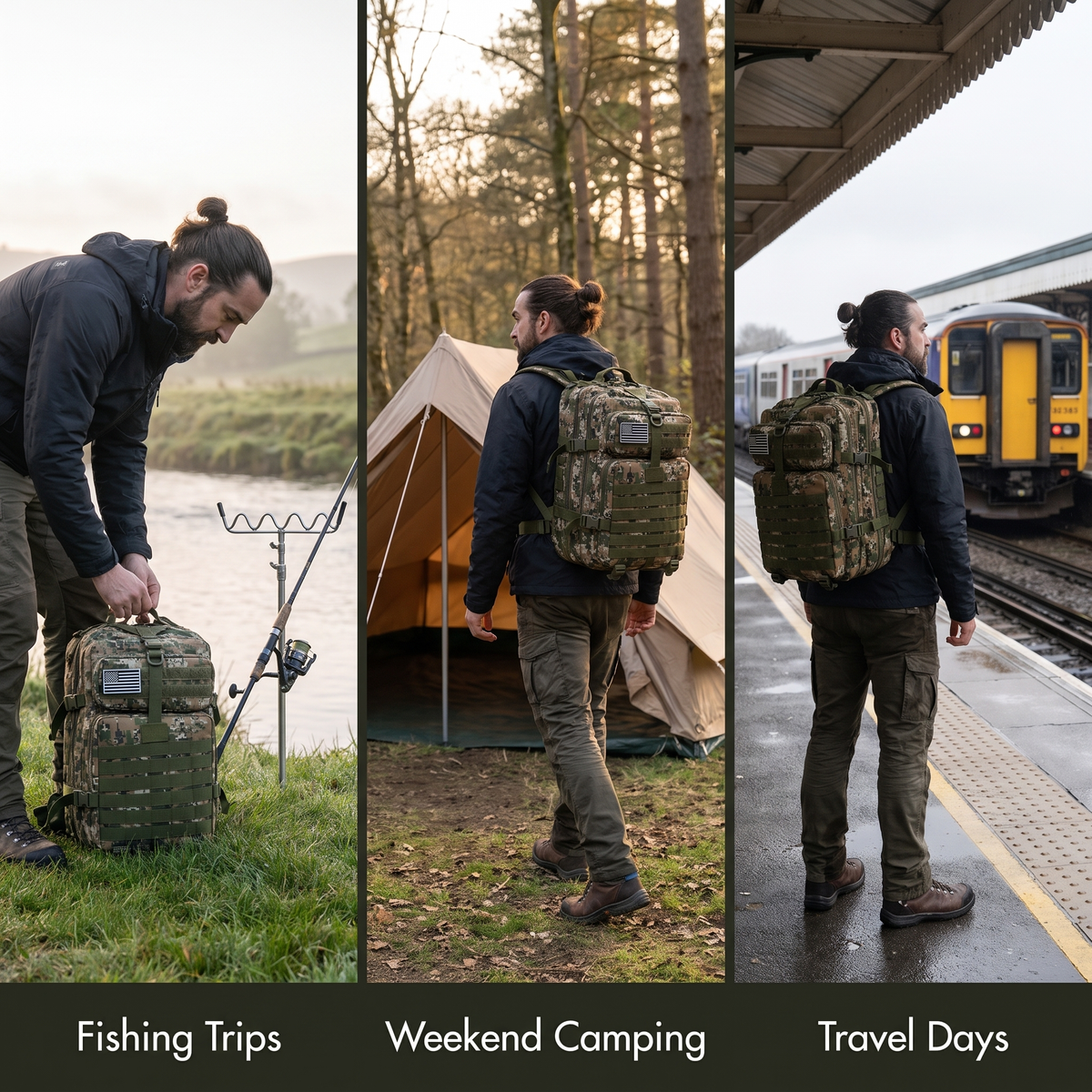 The tactical backpack on a fishing trip, a weekend camping trip and a travel day