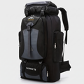 Terrabound 70L hiking rucksack in Black, front three-quarter view on grey