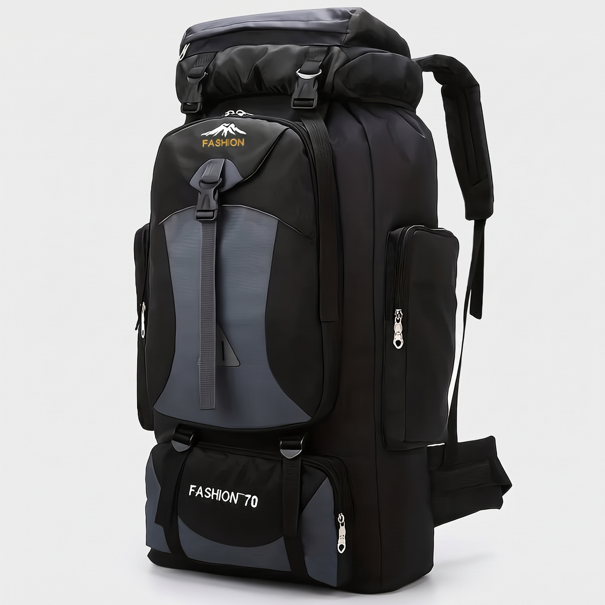 Terrabound 70L hiking rucksack in Black, front three-quarter view on grey