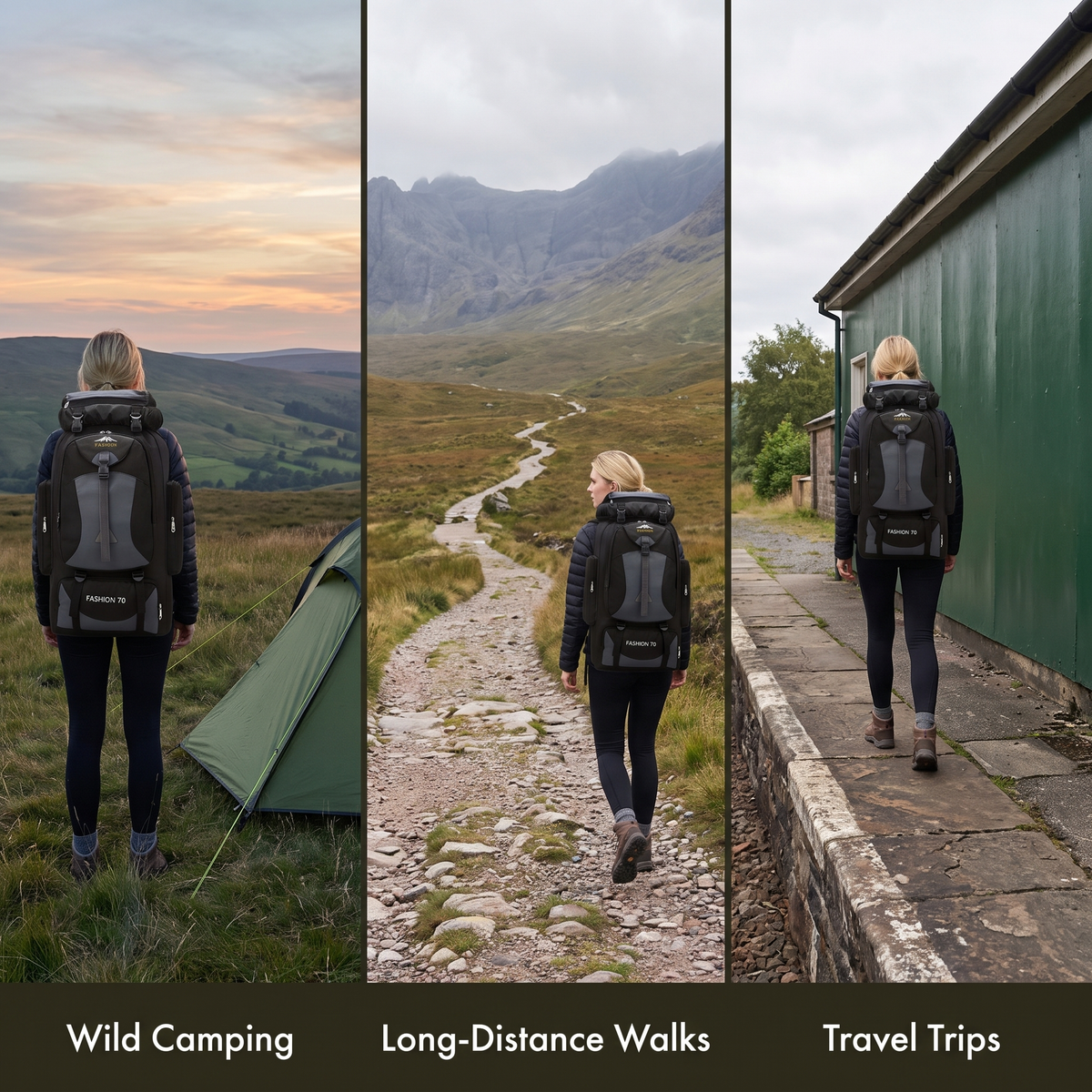 Woman wearing the Terrabound 70L hiking rucksack wild camping, on a long-distance walk and on a travel trip