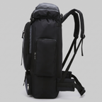 Terrabound 70L hiking rucksack, side profile showing the side zip pocket, shoulder straps and waist strap