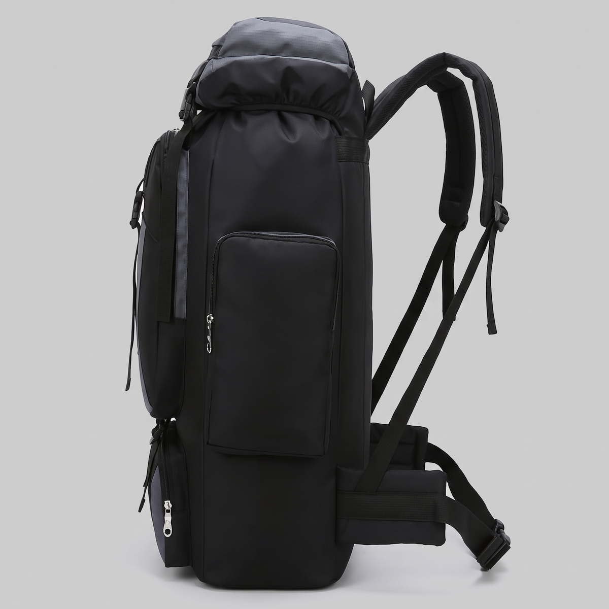 Terrabound 70L hiking rucksack, side profile showing the side zip pocket, shoulder straps and waist strap