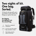 Terrabound 70L hiking rucksack infographic: room for a weekend's camping kit, lid, front and side pockets, bottle pocket