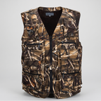 Camo utility vest in Autumn Camouflage, front view on a plain grey background