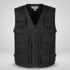 Camo utility vest in Black, front view on a plain grey background