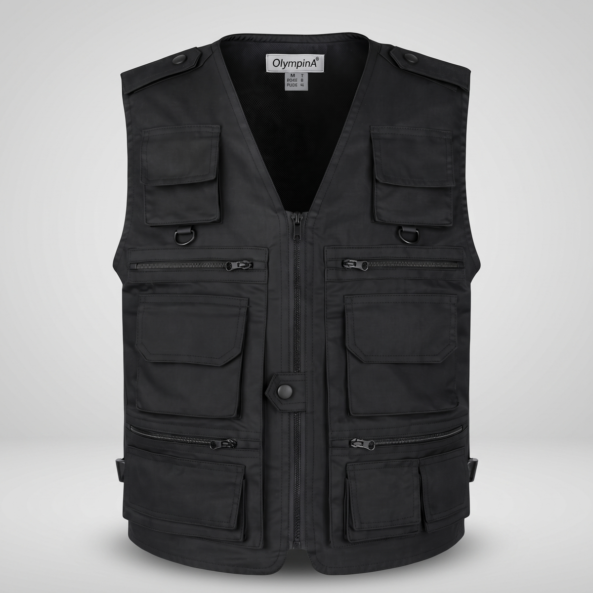 Camo utility vest in Black, front view on a plain grey background
