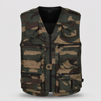 Camo utility vest in Camouflage, front view on a plain grey background