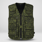 Camo utility vest in Green Digital, front view on a plain grey background