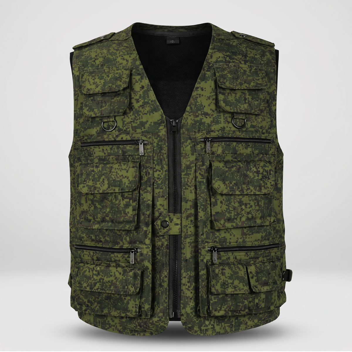 Camo utility vest in Green Digital, front view on a plain grey background