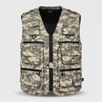 Camo utility vest in Grey Digital, front view on a plain grey background