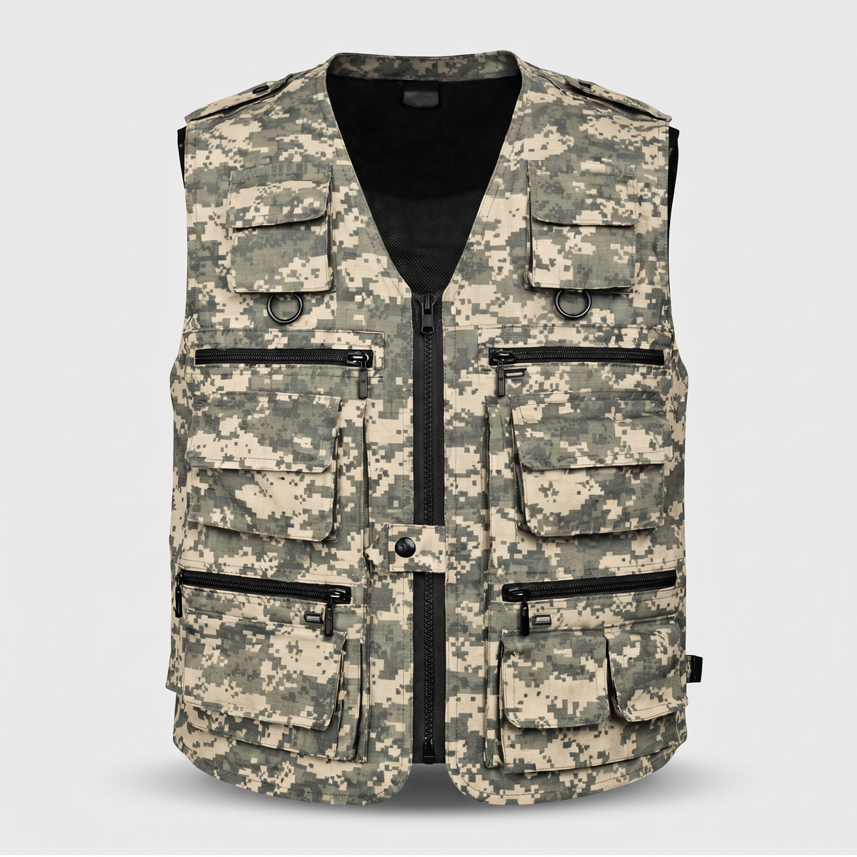 Camo utility vest in Grey Digital, front view on a plain grey background