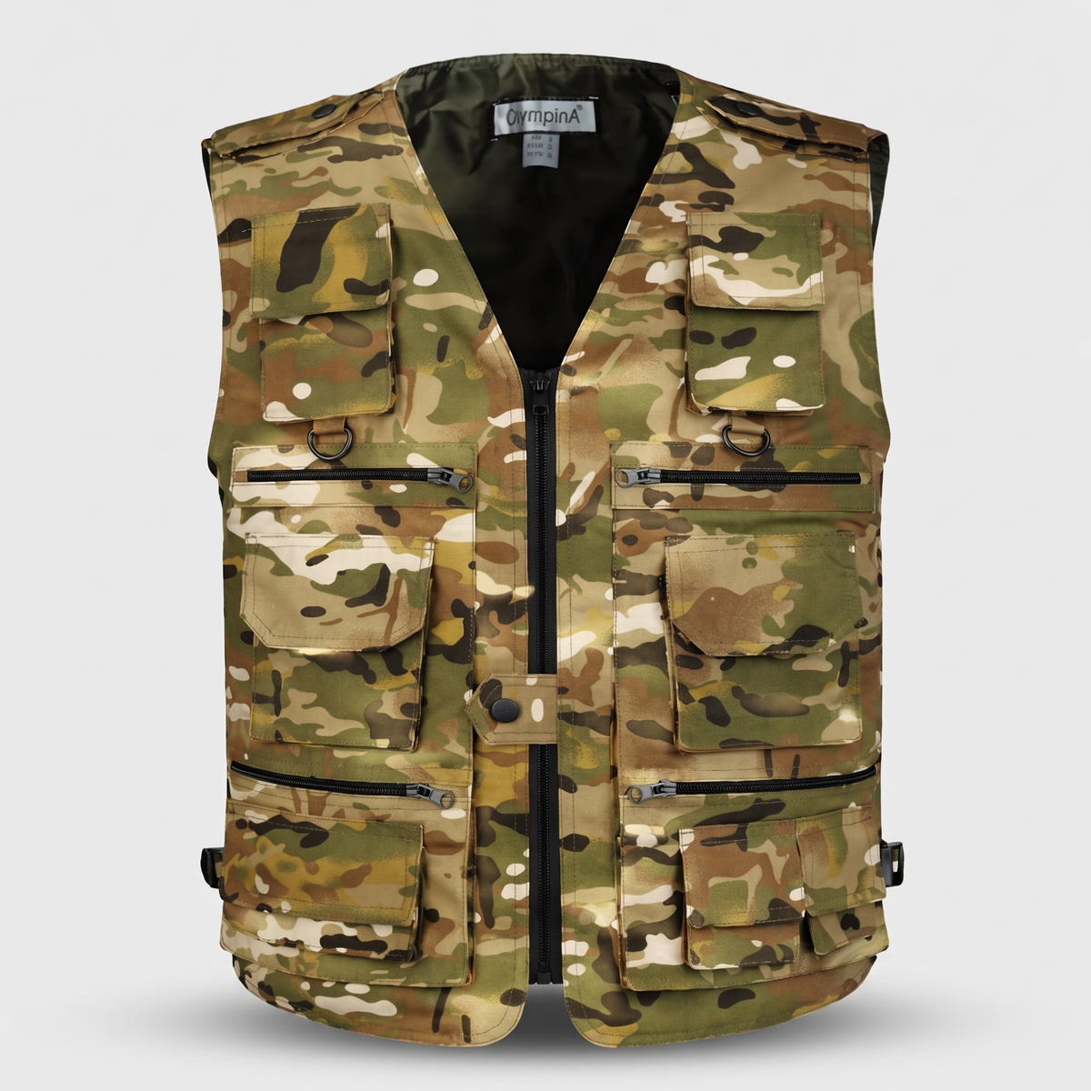 Camo utility vest in Jungle Camouflage, front view on a plain grey background
