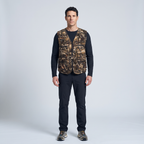 Man wearing the camo utility vest, full length studio shot