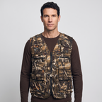 Front view of the camo utility vest worn, showing zip and flap pockets