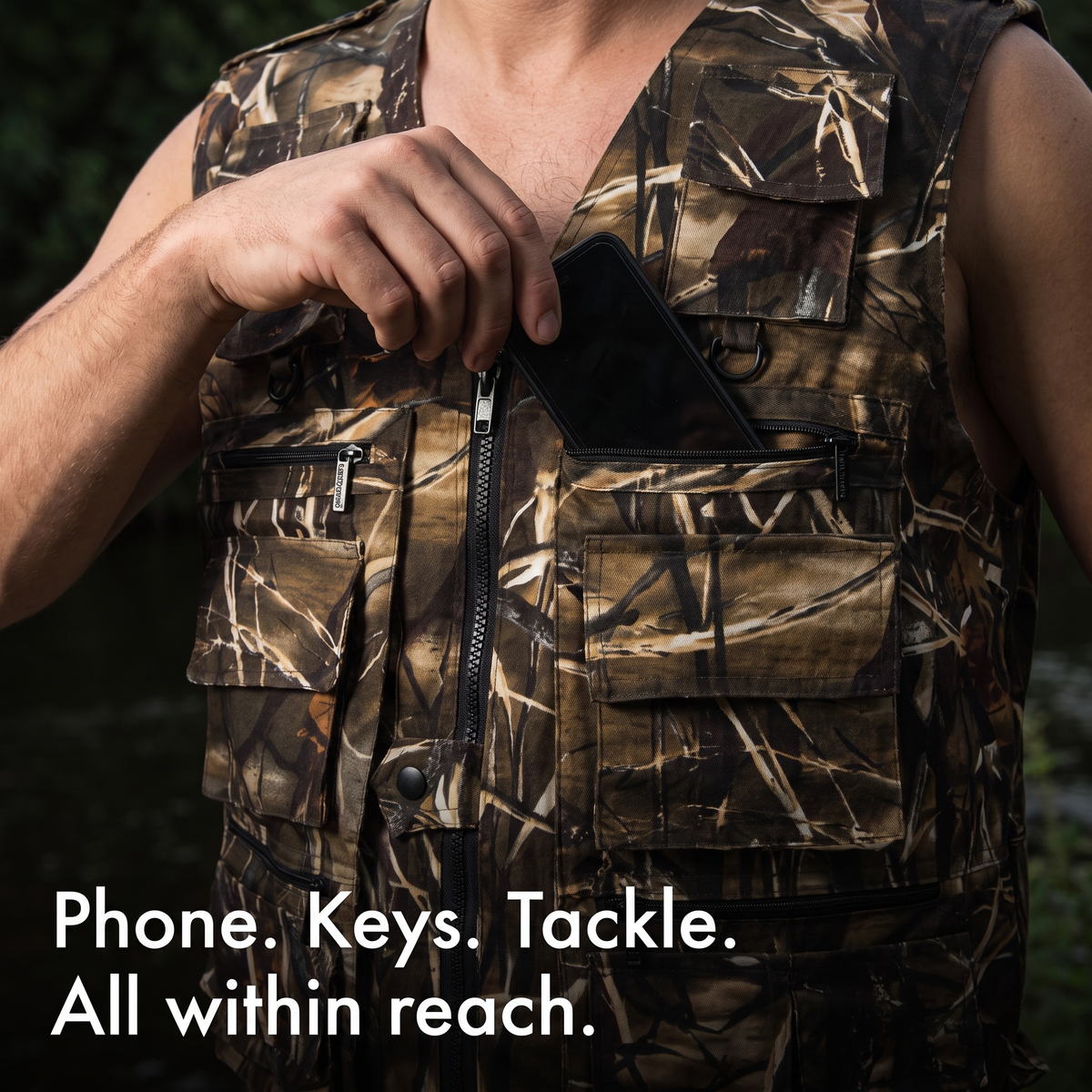 Hand sliding a phone into the zipped chest pocket of the utility vest
