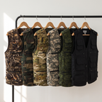 The utility vest in all six colourways on a clothes rail