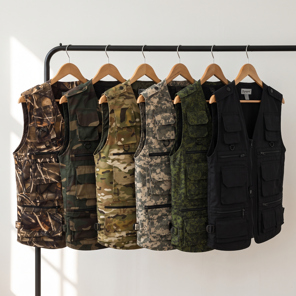 The utility vest in all six colourways on a clothes rail
