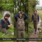 The camo utility vest worn for bank fishing, birdwatching and countryside walks
