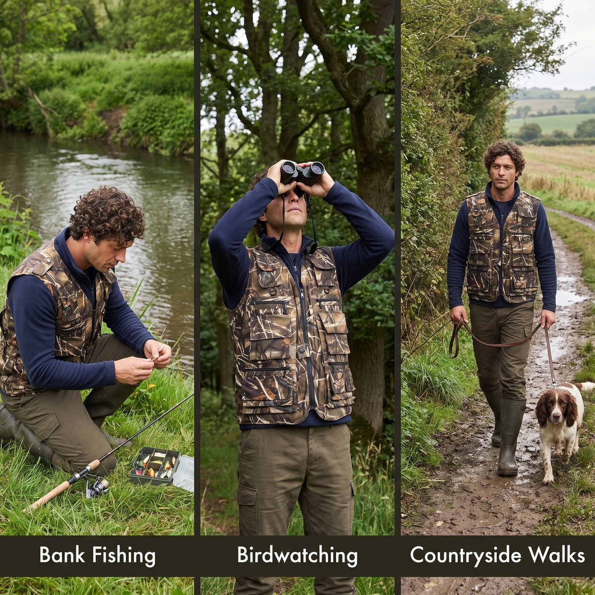 The camo utility vest worn for bank fishing, birdwatching and countryside walks