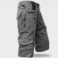 Men's cargo shorts in grey, left side with zipped thigh pocket, D-ring and side cargo pocket