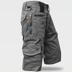 Men's cargo shorts in grey, left side with zipped thigh pocket, D-ring and side cargo pocket