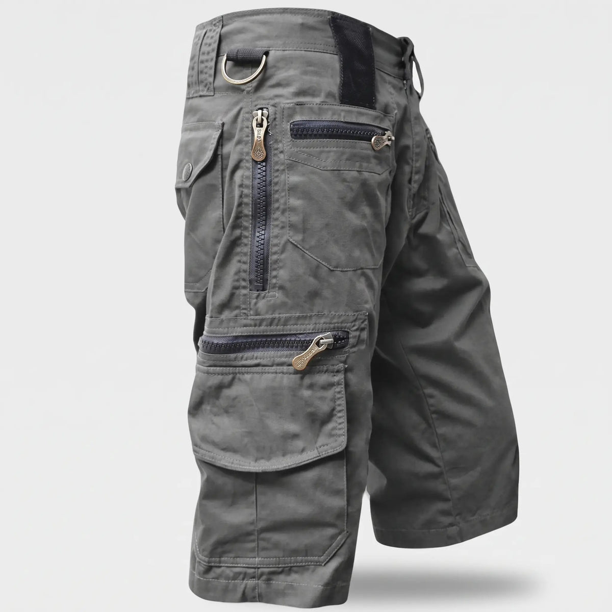 Men's cargo shorts in grey, left side with zipped thigh pocket, D-ring and side cargo pocket