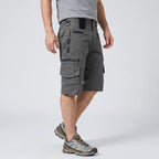 Grey cargo shorts worn, three-quarter side view
