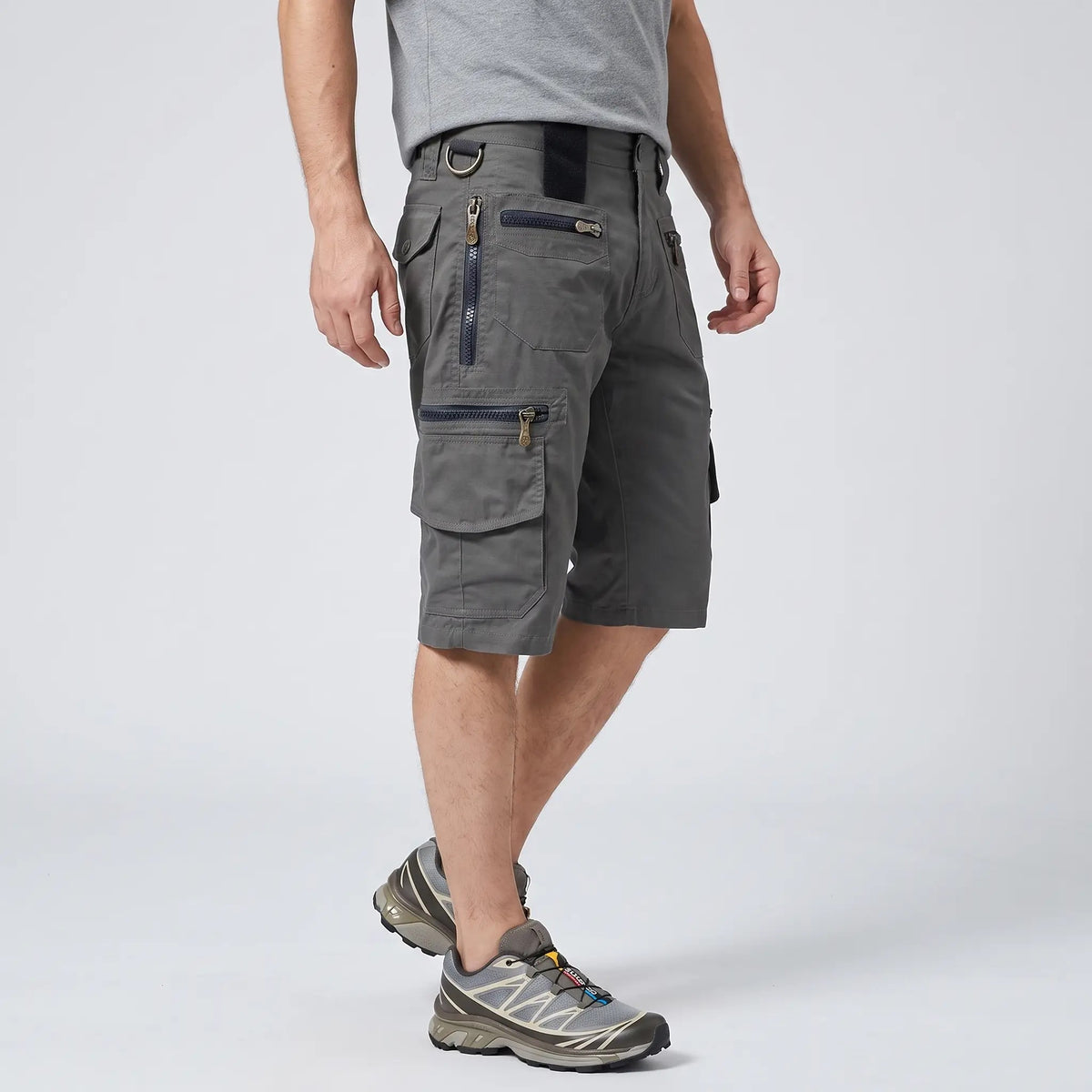 Grey cargo shorts worn, three-quarter side view