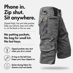 Cargo shorts infographic: zipped pockets, D-ring for keys, quick-drying fabric