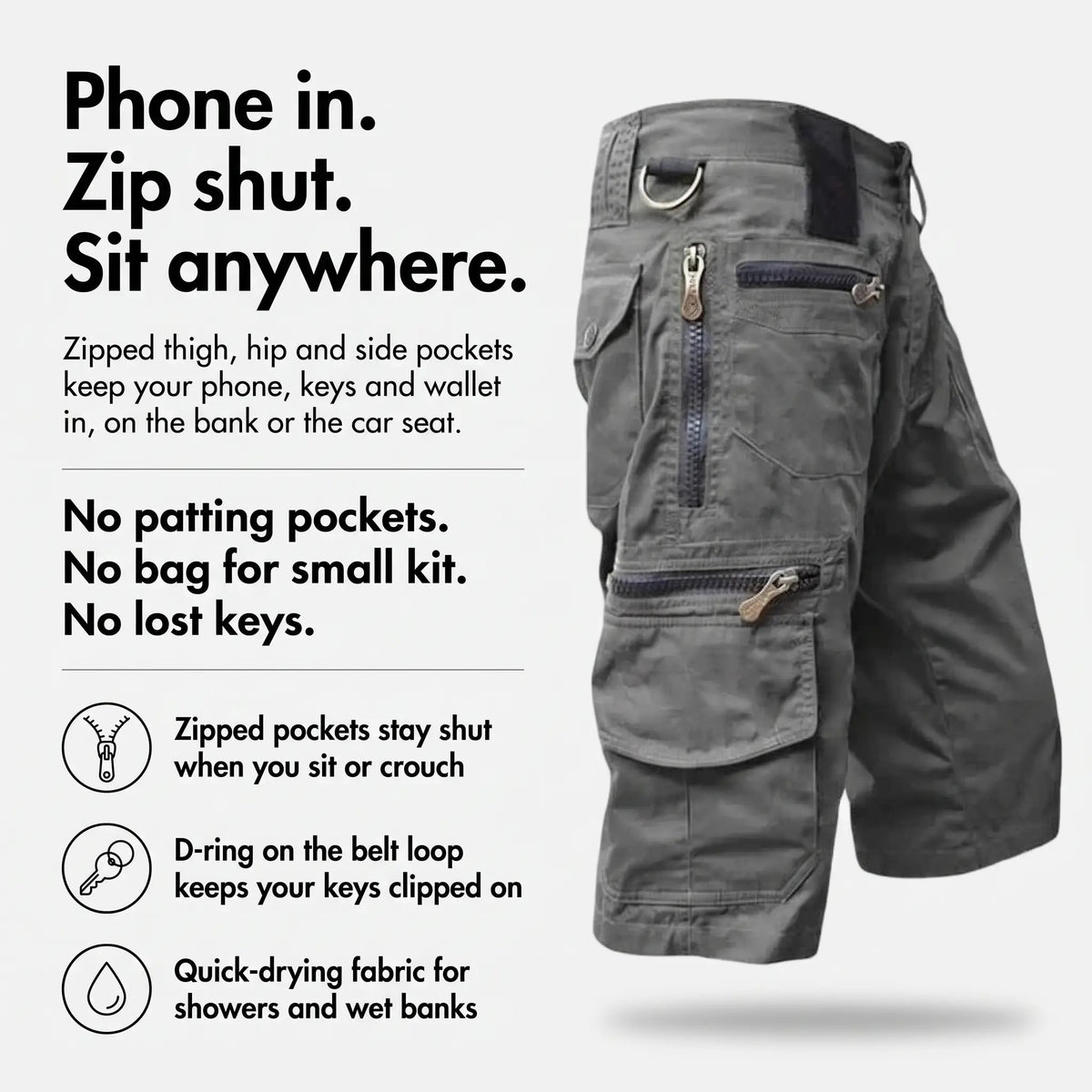 Cargo shorts infographic: zipped pockets, D-ring for keys, quick-drying fabric