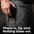 Phone going into the zipped thigh pocket of the cargo shorts
