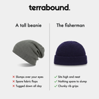 A tall slouchy beanie compared with the short fisherman beanie