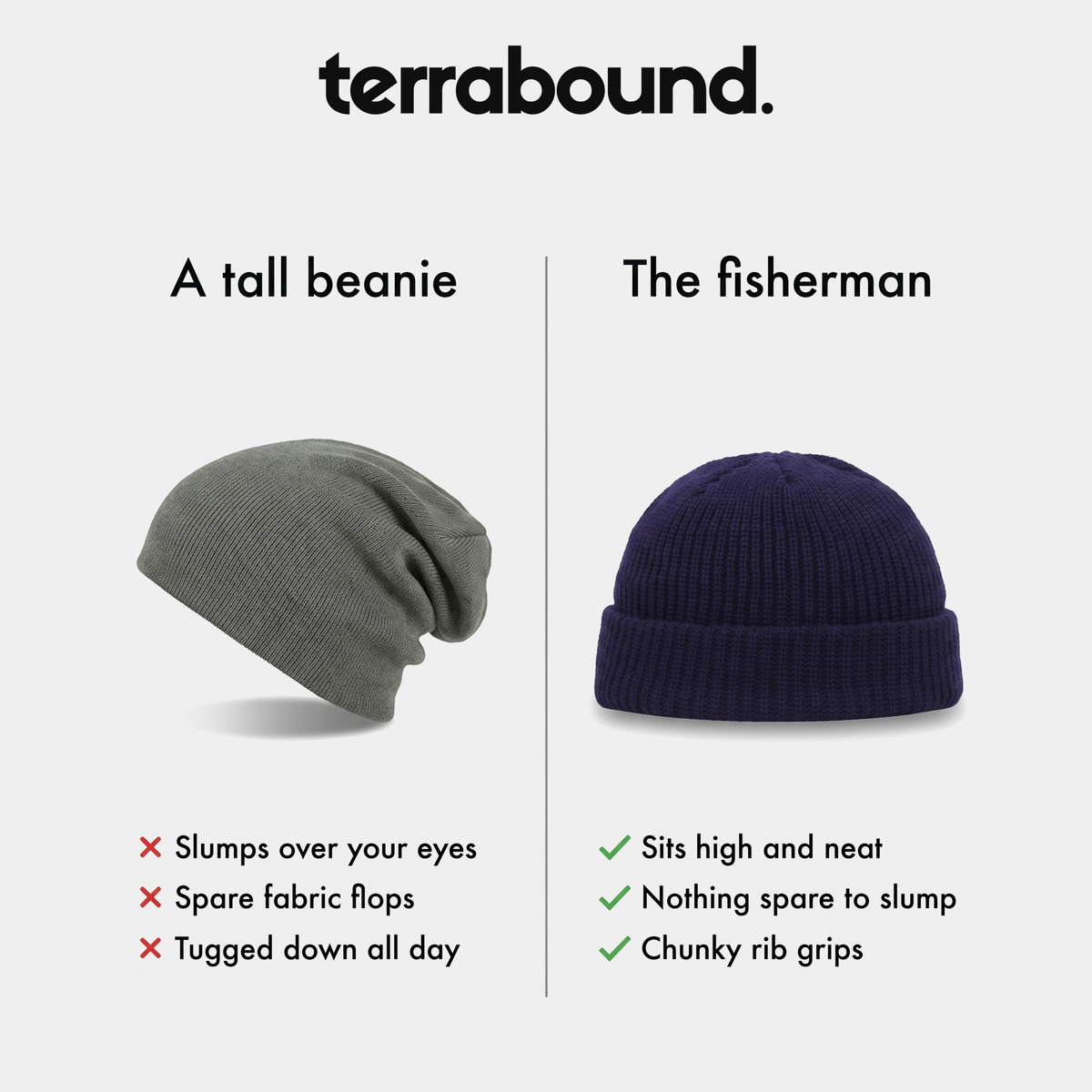 A tall slouchy beanie compared with the short fisherman beanie